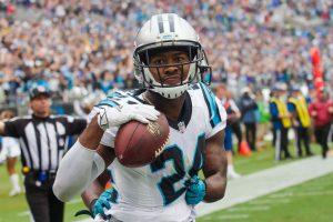 Sep 27, 2015; Charlotte, NC, USA; Carolina Panthers cornerback Josh Norman (24) celebrates after intercepting a pass in the fourth quarter against the New Orleans Saints at Bank of America Stadium. Carolina defeated the Saints 27-22. Mandatory Credit: Jeremy Brevard-USA TODAY Sports