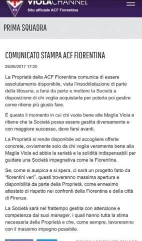 Fiorentina in vendita, il comunicato: “Si spera in un progetto di Fiorentini veri”