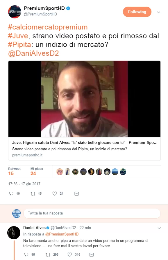 FOTO – Dani Alves risponde a Premium: “Non fate m****! Fate male il vostro lavoro”