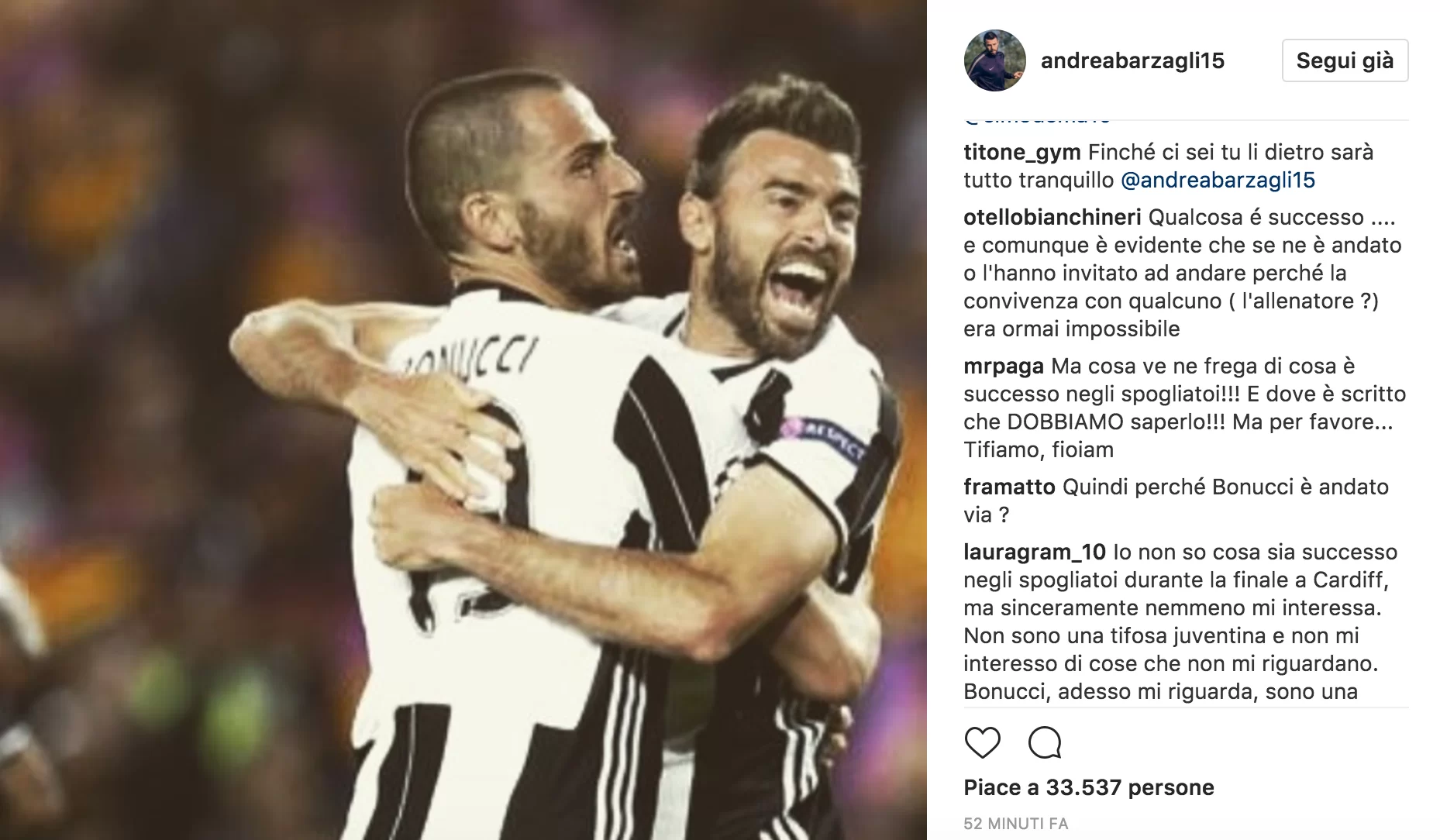 FOTO – Barzagli saluta Bonucci su Instagram: “Io, tu, Gigi e Giorgio…”