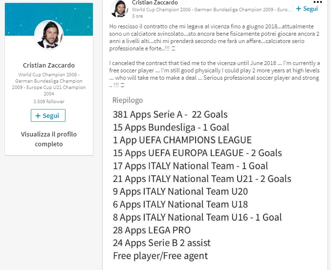Zaccardo lascia il Vicenza e… cerca una nuova squadra su Linkedin! (FOTO)