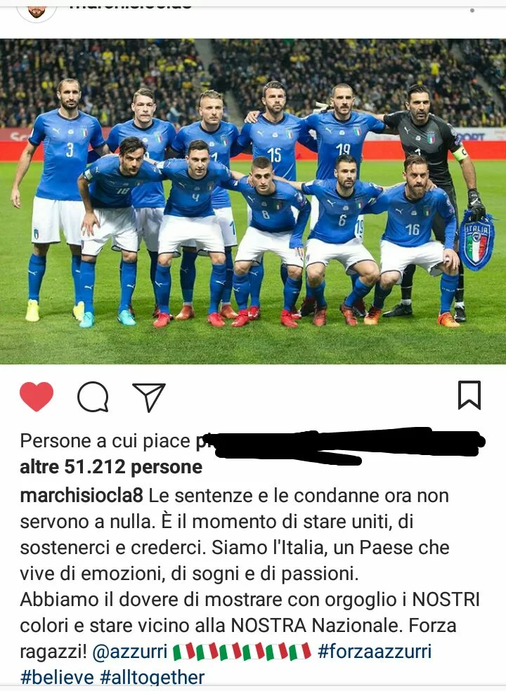 Marchisio su Instagram: “Siamo l’Italia, paese di emozioni e passioni. Le condanne non servono”