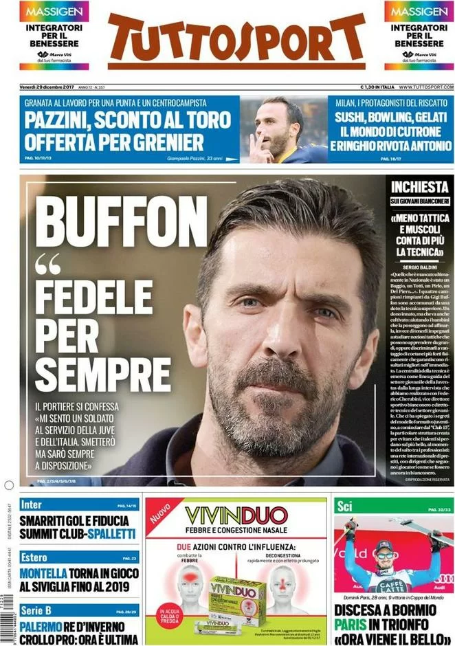 La prima pagina di Tuttosport, Buffon: “Smetterò, ma sarò per sempre a disposizione”