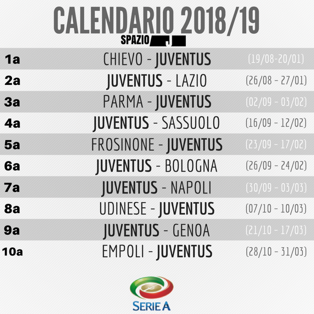 Calendario Juventus Serie A 2018 2019