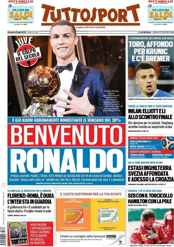 Tuttosport dà già tutto per fatto e titola “Benvenuto Ronaldo”