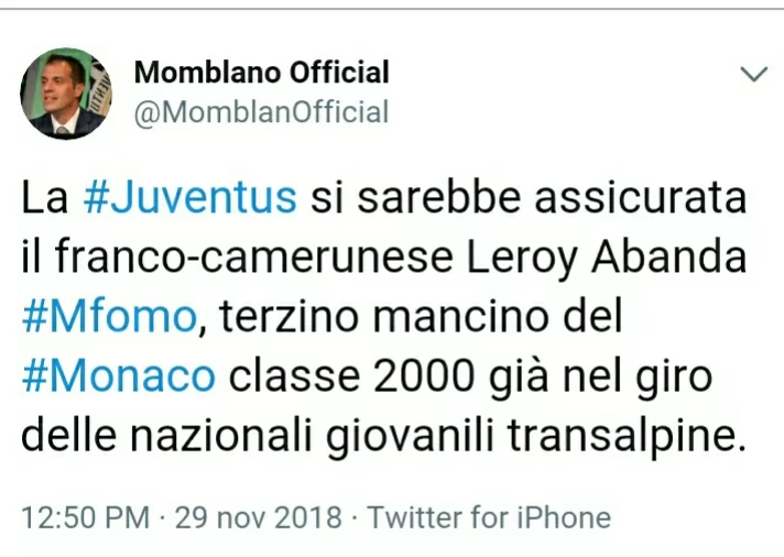 Momblano su Twitter: “La Juve avrebbe preso Mfomo, terzino classe 2000 del Monaco”