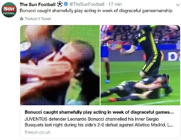 The Sun duro su Bonucci: “Vergognoso…. si rotola per far annullare il gol “