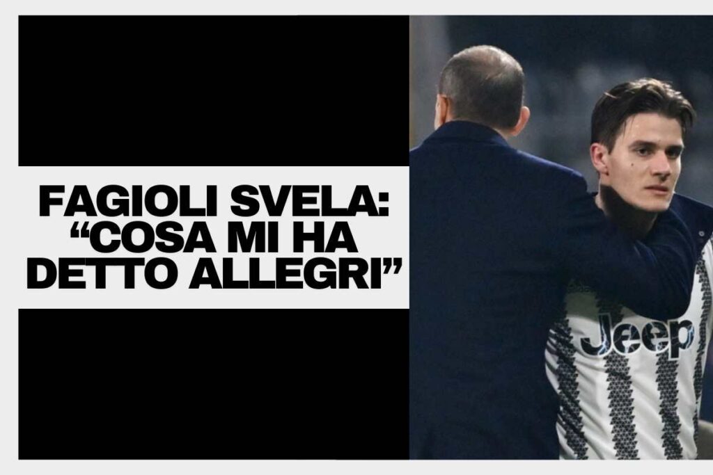 Allegri abbraccia Fagioli in maglia Juventus mentre esce dal campo