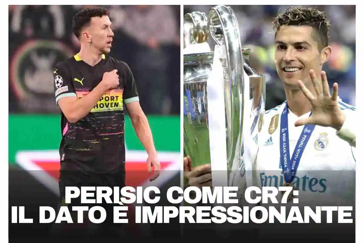 Perisic esulta a sinistra mentre a destra Cristiano Ronaldo festeggia la Champions League