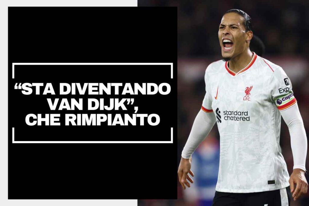 van Dijk urla con indosso la maglia del Liverpool bianca
