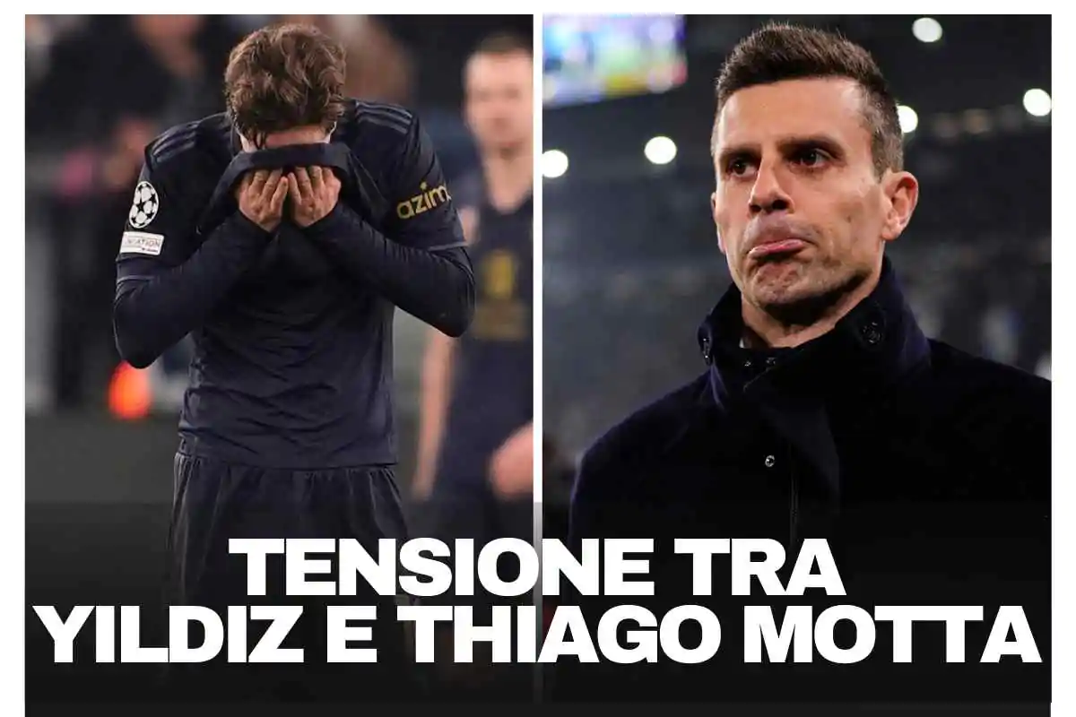 Yildiz sconsolato con la maglia sul volto e Thiago Motta osserva da bordo campo