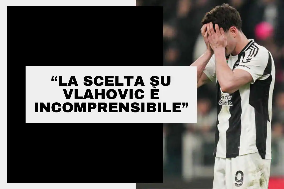 Vlahovic disperato con le mani sul volto in campo con la maglia della Juventus