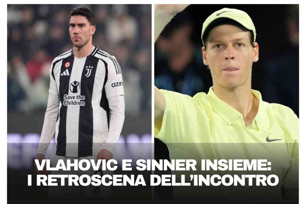 A sinistra Vlahovic con indosso la maglia della Juventus, a destra Sinner con il pollice alzato in abiti tennistici