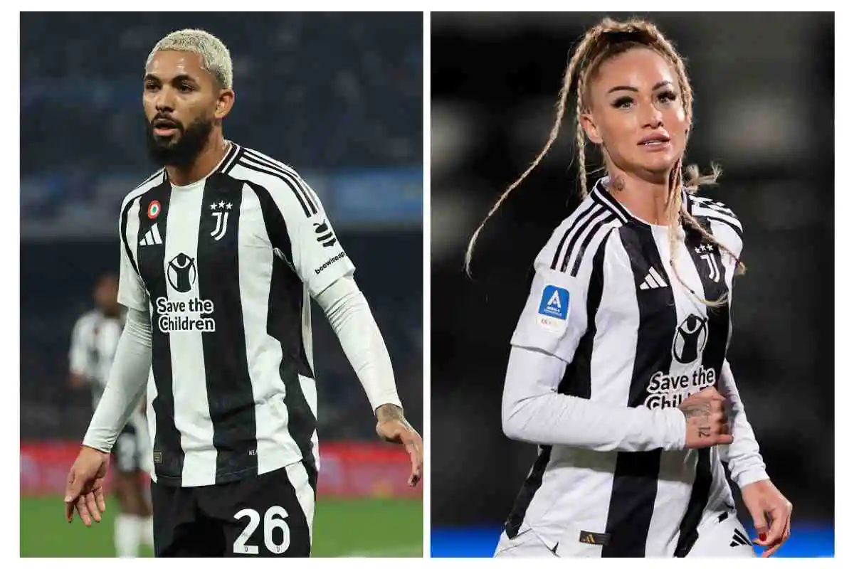 Douglas Luiz a destra e Alisha Lehmann a sinistra in campo con la maglia della Juventus