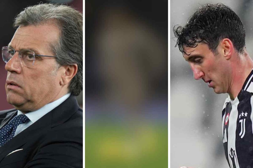 Giuntoli a sinistra osserva da bordo campo e Cambiaso a destra in campo con la testa china e la maglia della Juventus indosso