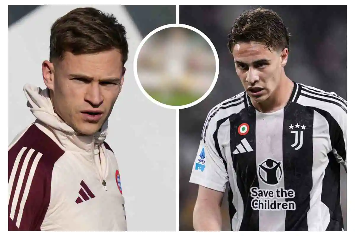 Kimmich a sinistra con abiti del Bayern Monaco da allenamento e Yildiz a destra in campo con la maglia della Juventus