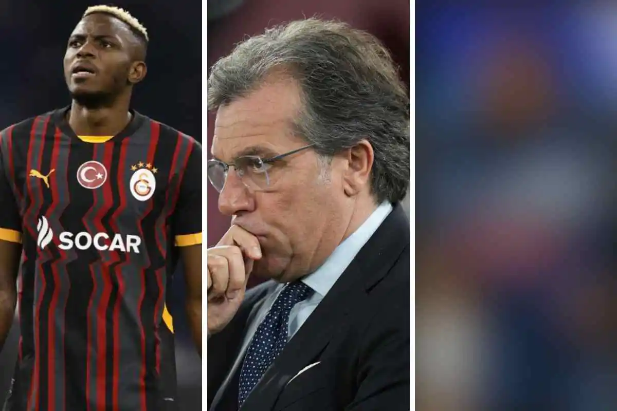 Osimhen a sinistra in campo con la maglia del Galatasaray e Giuntoli al centro mentre osserva pensieroso da bordo campo