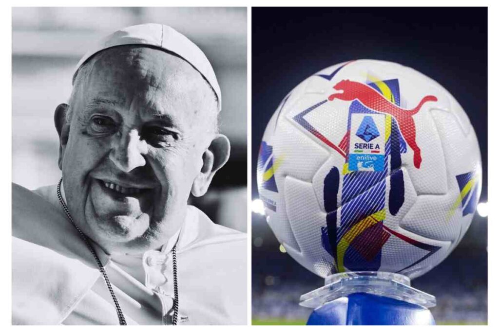 Papa Francesco sorridente in bianco e nero a sinistra e il pallone della Serie A a destra