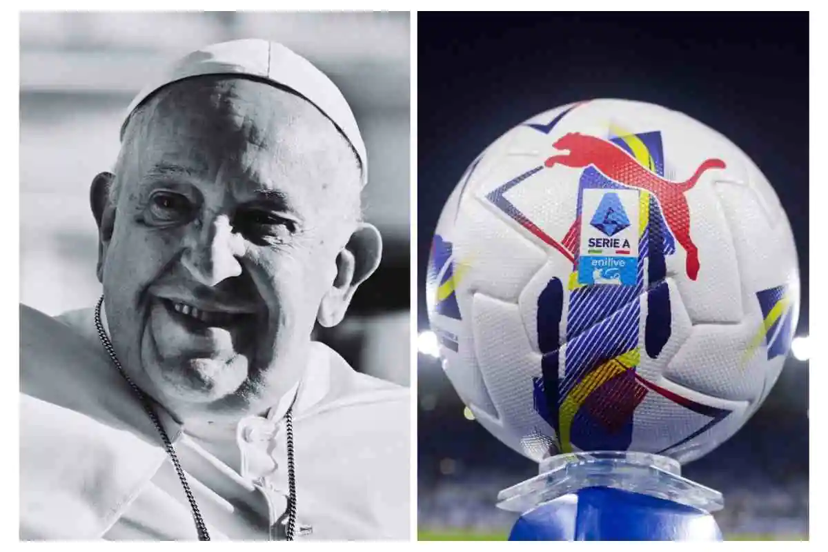 Papa Francesco sorridente in bianco e nero a sinistra e il pallone della Serie A a destra
