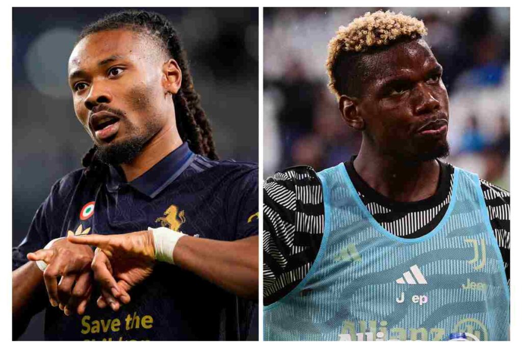 Thuram esulta con indosso la maglia della Juventus a sinistra mentre a destra Pogba si riscalda con gli abiti della Juventus