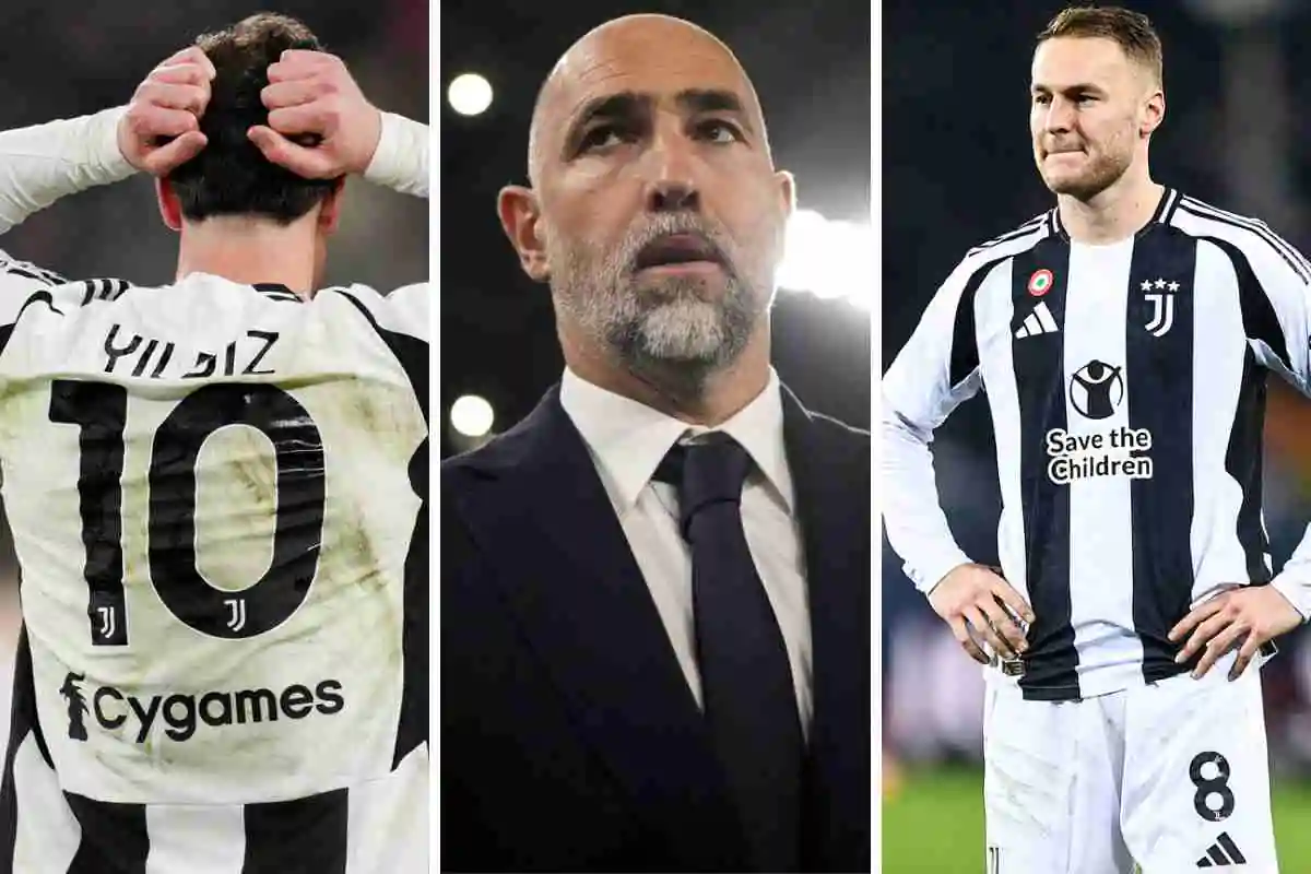 Yildiz a sinistra con le mani tra i capelli e la maglia della Juventus addosso, Tudor al centro osserva da bordo campo e Koopmeiners a destra con le mani sui fianchi con indosso la maglia della Juventus