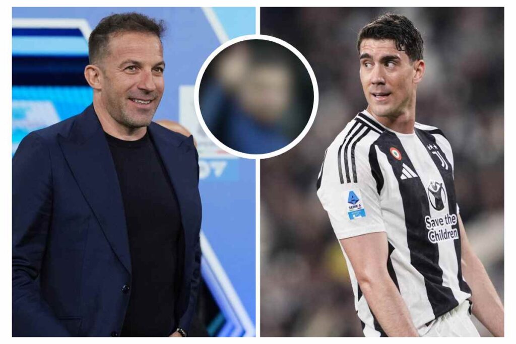 Del Piero a sinistra osserva da bordo campo e Vlahovic a destra in campo con la maglia della Juventus
