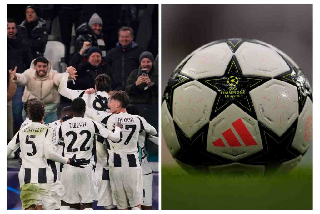 A sinistra la Juventus festeggia in gruppo davanti ai suoi tifosi, a destra il pallone della Champions League