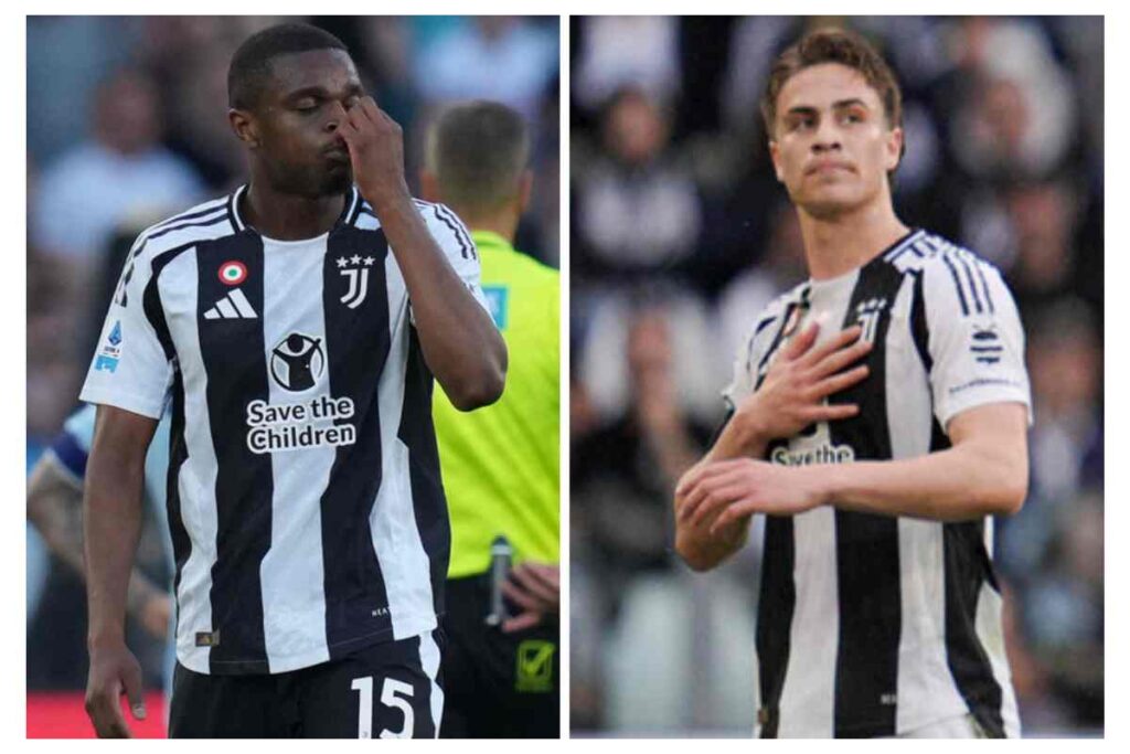 Kalulu a sinistra e Yildiz a destra dispiaciuti lasciano il campo con indosso la maglia della Juventus dopo il cartellino rosso ricevuto