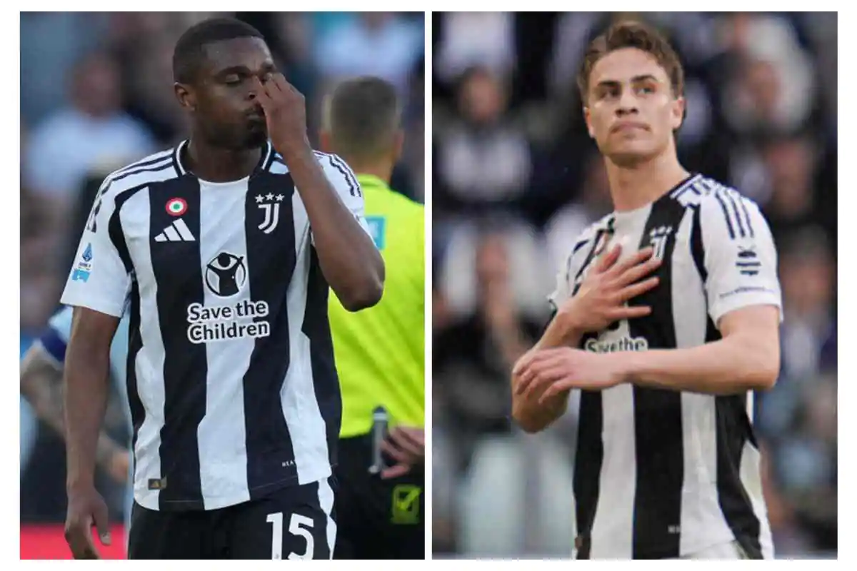 Kalulu a sinistra e Yildiz a destra dispiaciuti lasciano il campo con indosso la maglia della Juventus dopo il cartellino rosso ricevuto