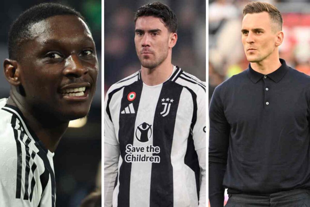 Kolo Muani sorridente a sinistra, Vlahovic al centro e Milik a destra