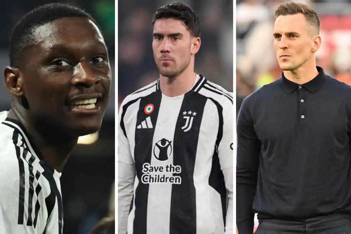 Kolo Muani sorridente a sinistra, Vlahovic al centro e Milik a destra