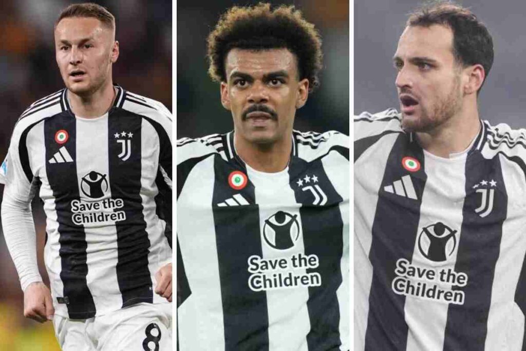 Koopmeiners a sinistra, Renato Veiga al centro e Gatti a destra in campo con la maglia della Juventus