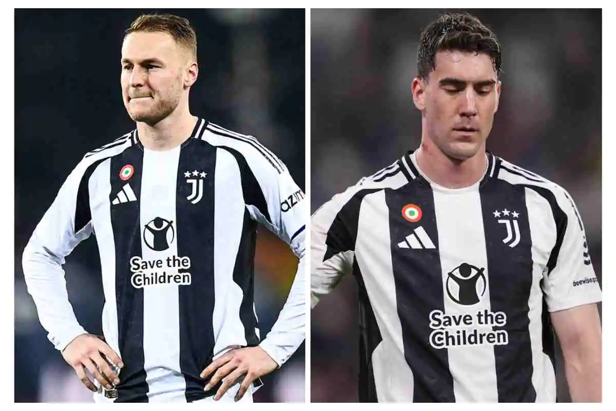 Koopmeiners a sinistra e Vlahovic a destra pensierosi in campo con la maglia della Juventus