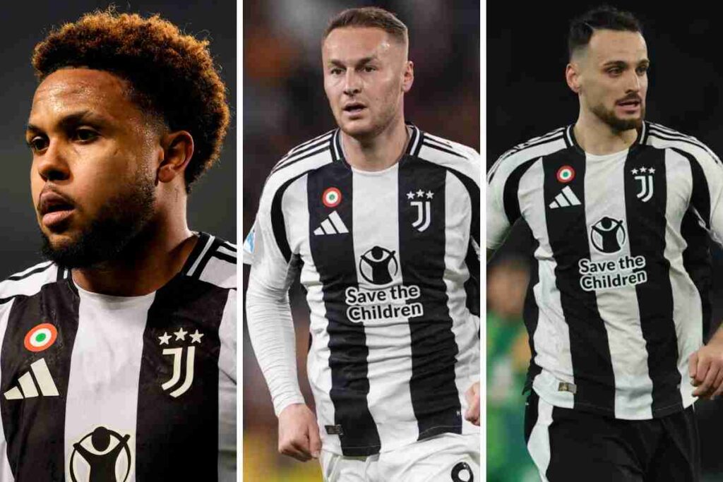 McKennie a sinistra, Koopmeiners al centro e Gatti a destra in campo con la maglia della Juventus