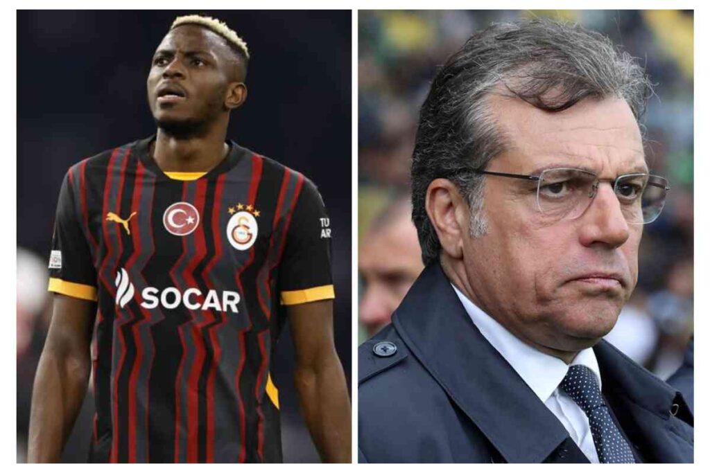 Osimhen a sinistra in campo con la maglia del Galatasaray e Giuntoli a destra osserva da bordo campo