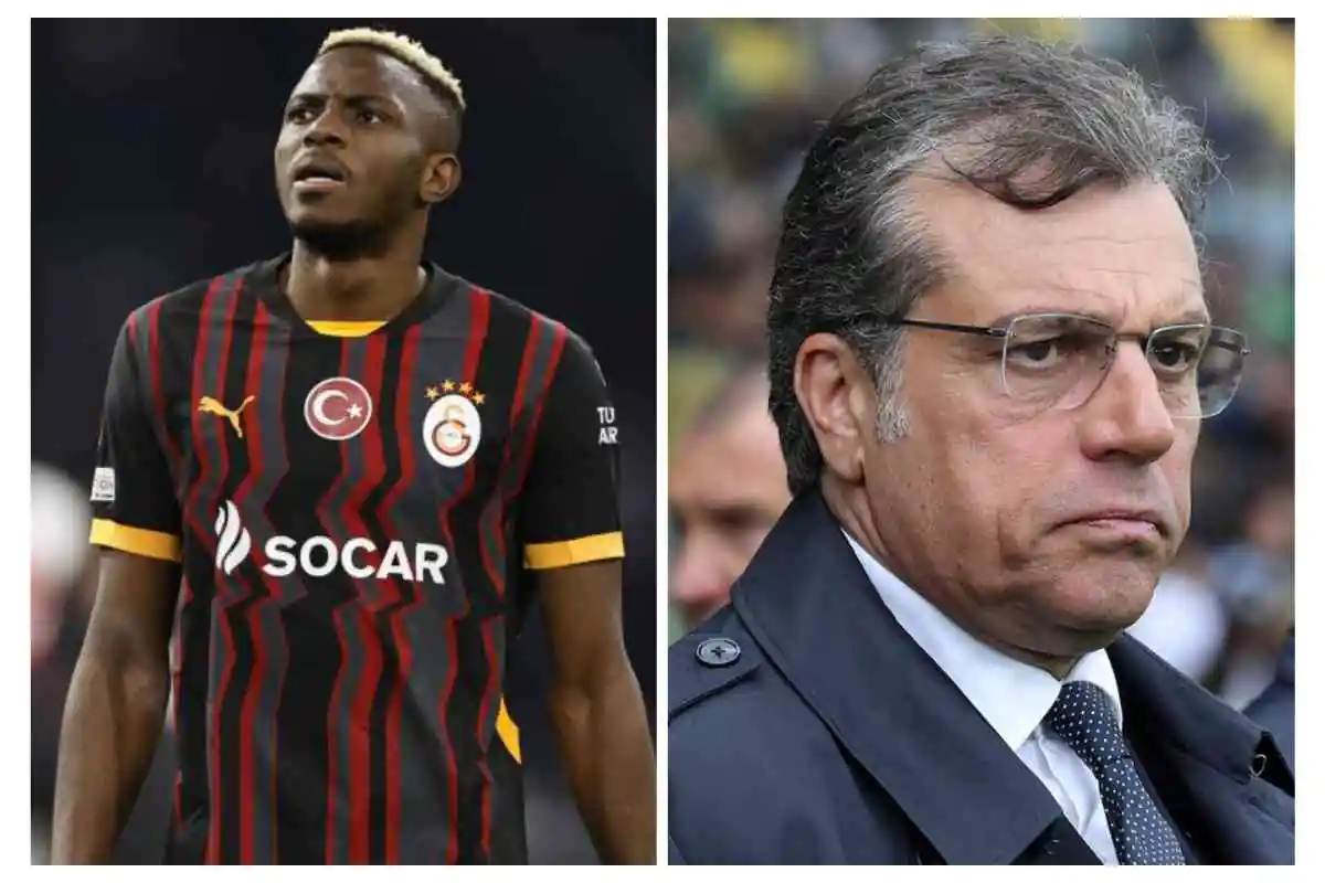 Osimhen a sinistra in campo con la maglia del Galatasaray e Giuntoli a destra osserva da bordo campo