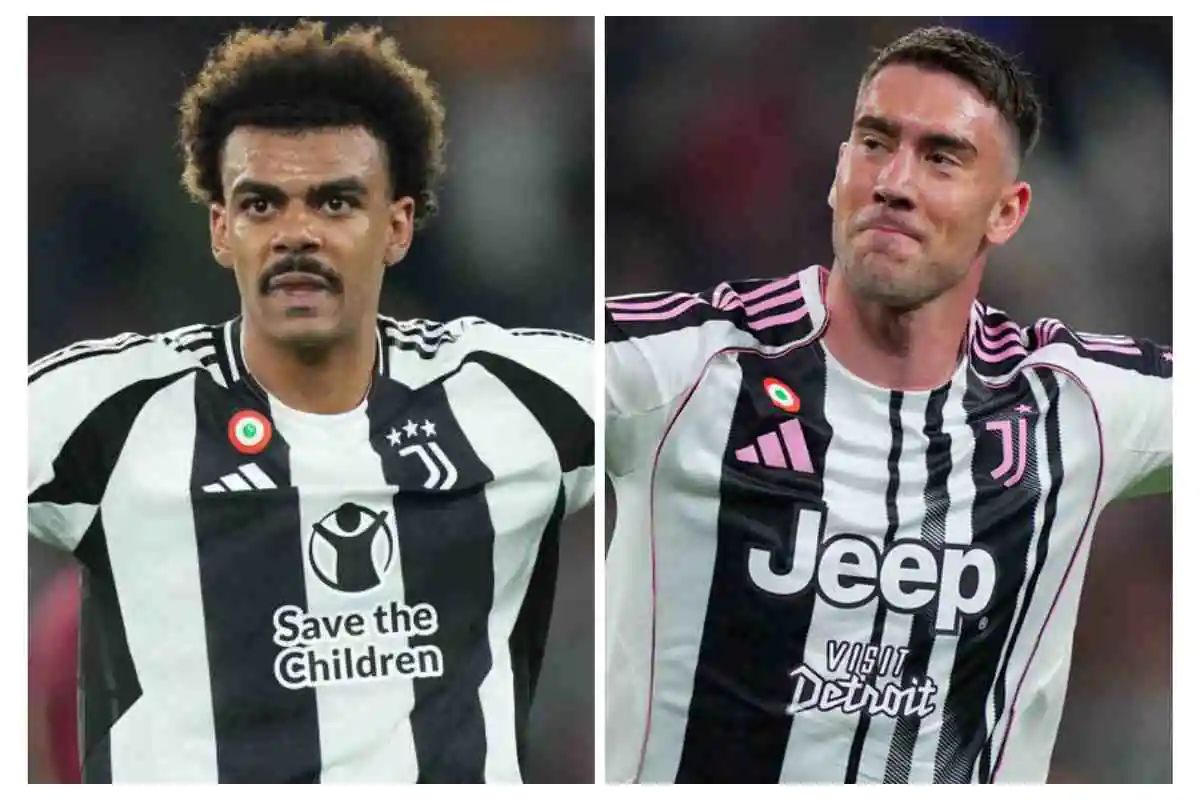 Renato Veiga a sinistra e Vlahovic a destra in campo con la maglia della Juventus