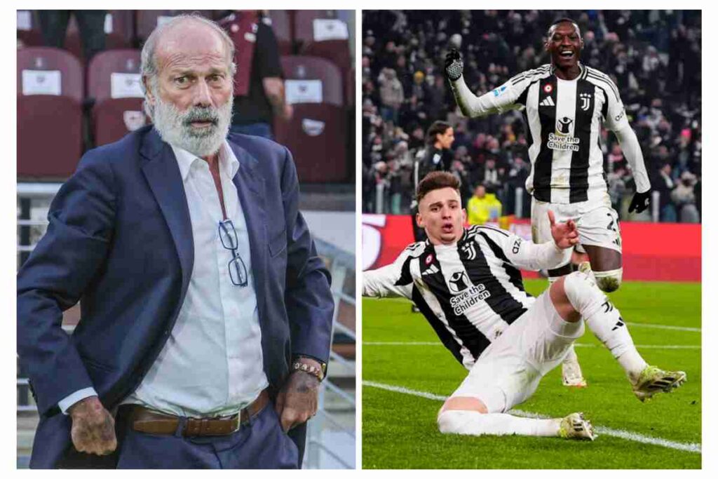 Sabatini a sinistra osserva da bordo campo mentre Conceiçao e Kolo Muani esultano a destra con indosso la maglia della Juventus
