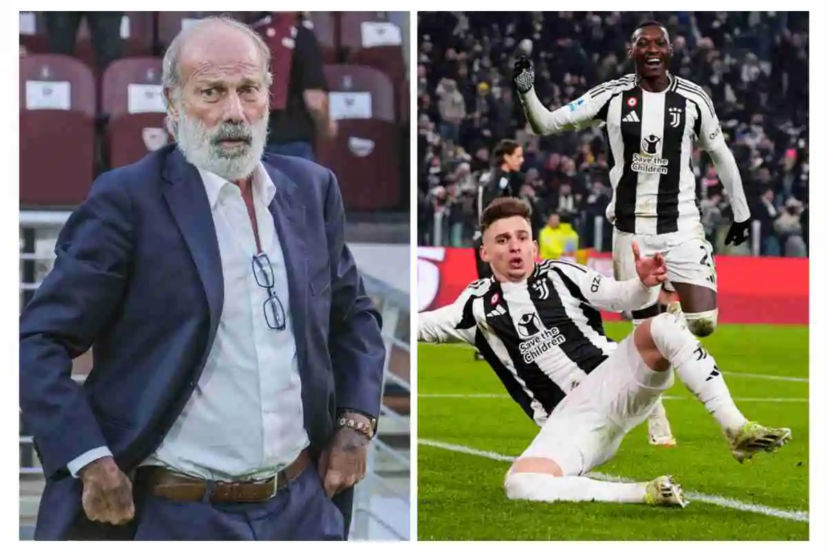 Sabatini a sinistra osserva da bordo campo mentre Conceiçao e Kolo Muani esultano a destra con indosso la maglia della Juventus