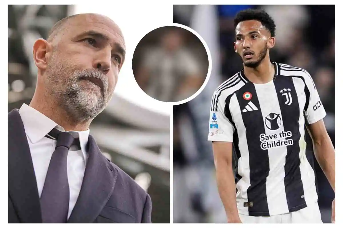 Tudor a sinistra osserva da bordo campo e Kelly a destra in campo con la maglia della Juventus