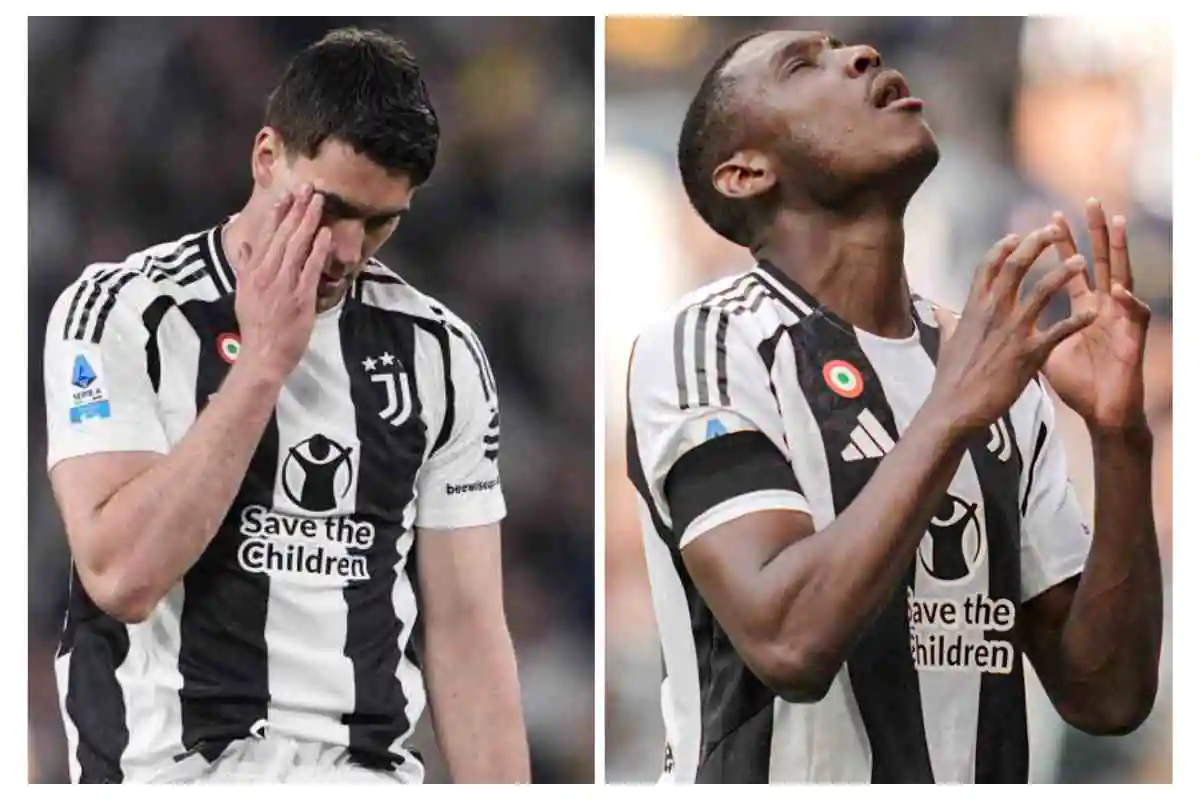 Vlahovic a sinistra e Kolo Muani a destra sconsolati in campo con la maglia della Juventus