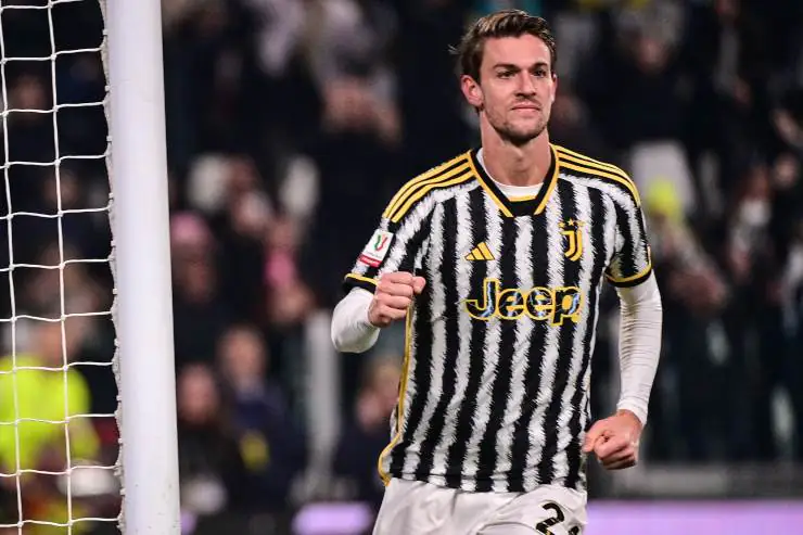 Rugani esulta in Coppa Italia con la maglia della Juventus