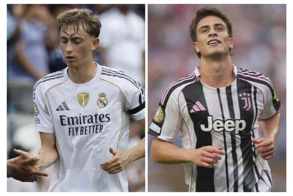 Huijsen a sinistra in campo con la maglia del Real Madrid e Yildiz a destra in campo con la maglia della Juventus