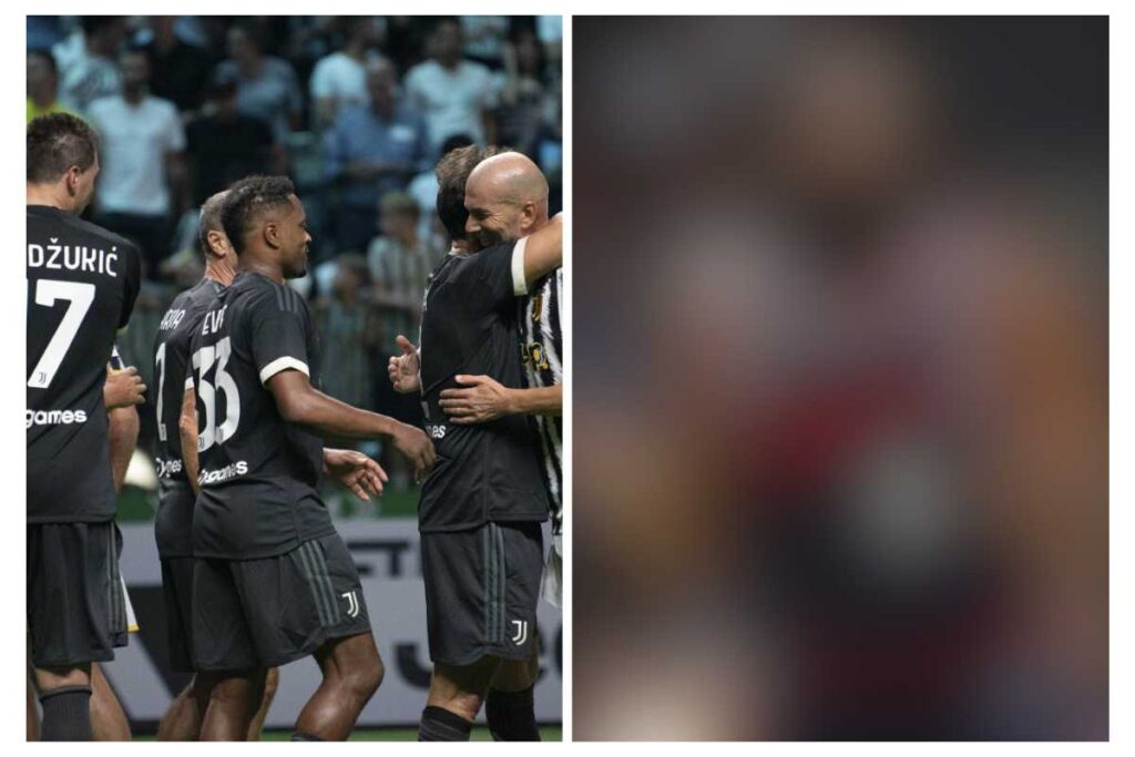 A sinistra Evra, Mandukic e Zidane con indosso la maglia della Juventus