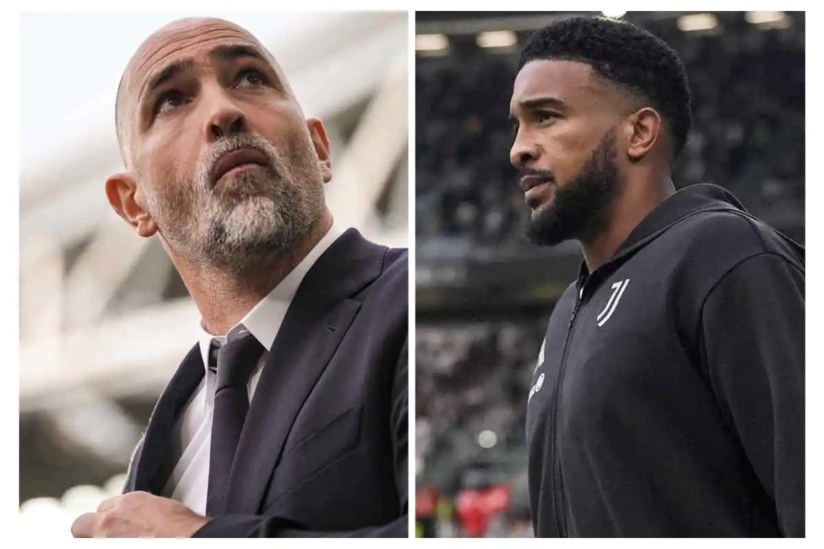 Tudor a sinistra immortalato a bordo campo e Bremer a destra con la tuta della Juventus mentre entra in campo