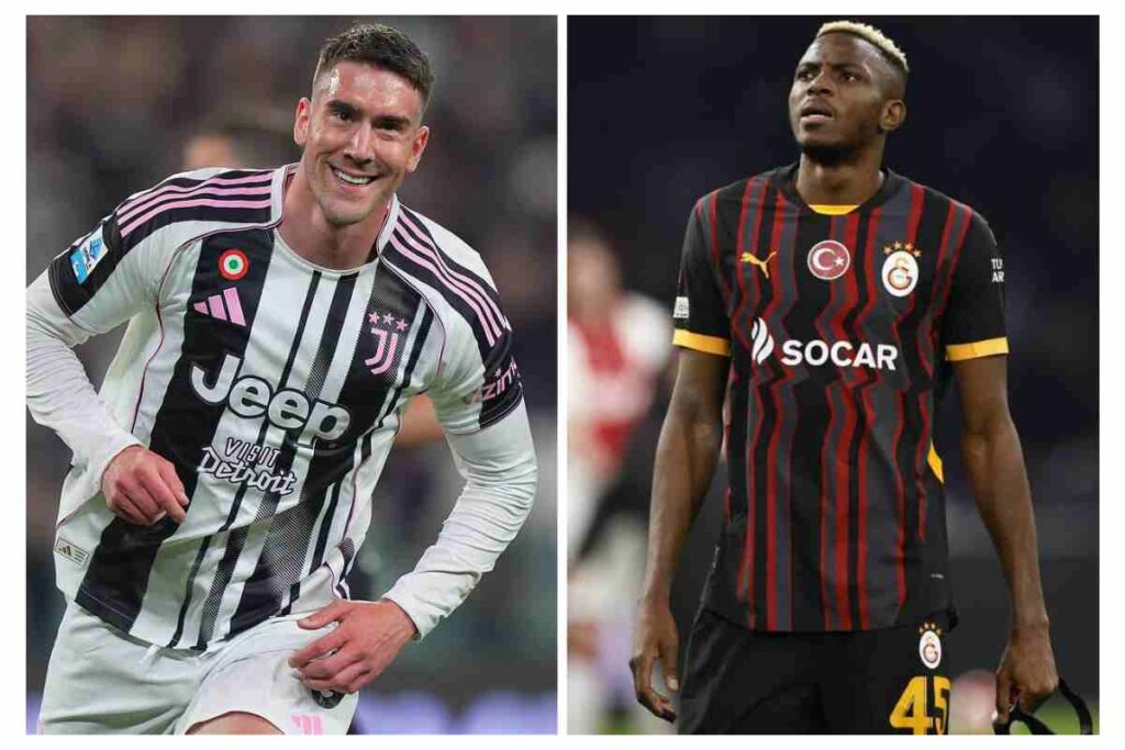 Vlahovic a sinistra con la maglia della Juventus e Osimhen a destra con la maglia del Galatasaray