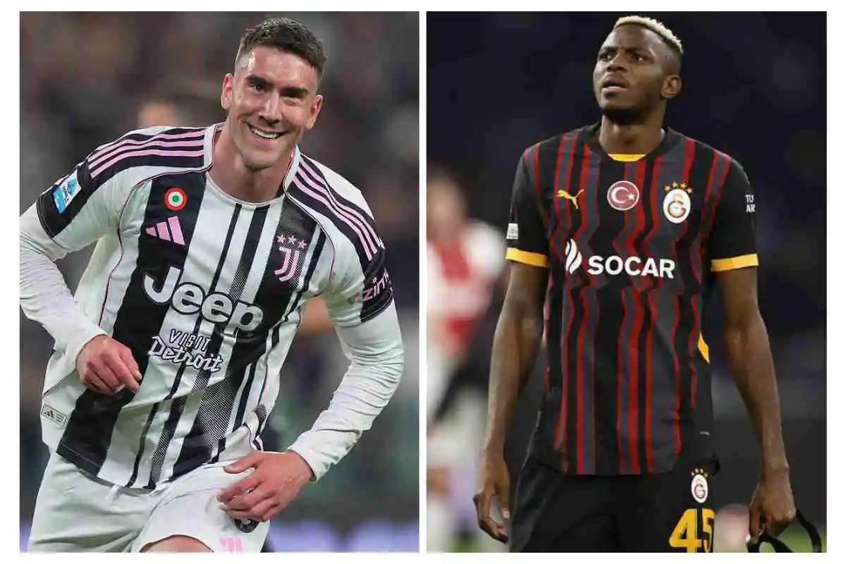 Vlahovic a sinistra con la maglia della Juventus e Osimhen a destra con la maglia del Galatasaray