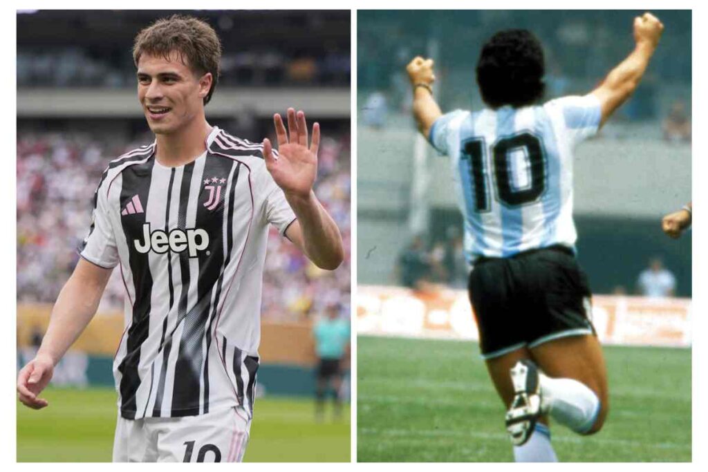 Yildiz a sinistra saluta con la maglia della Juventus e Maradona a destra esulta con la maglia dell'Argentina