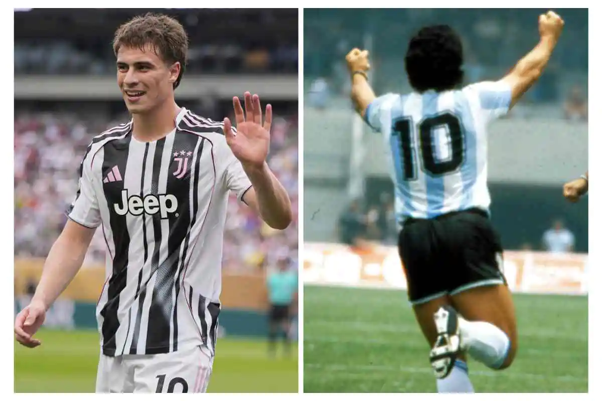 Yildiz a sinistra saluta con la maglia della Juventus e Maradona a destra esulta con la maglia dell'Argentina