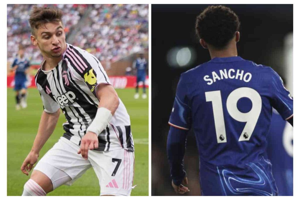Conceiçao a sinistra con la maglia della Juventus e Sancho a destra di spalle con la maglia del Chelsea